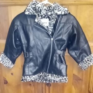 Black Faux Leather Jacket with Leopard Accents By Philly